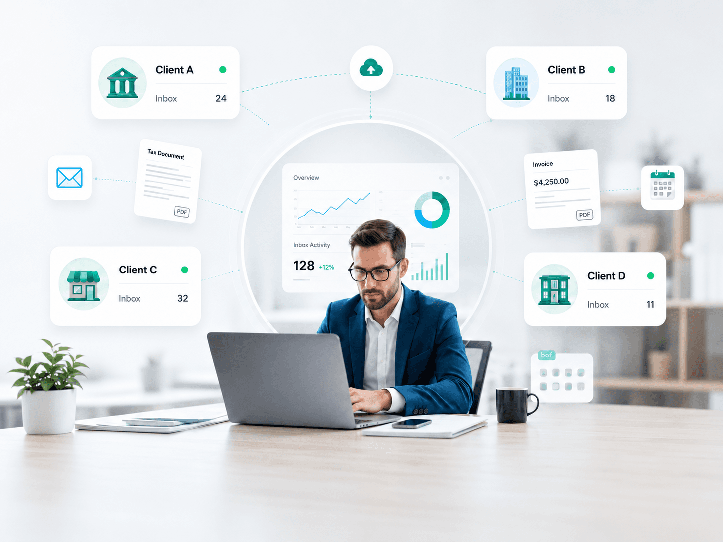 Accountant managing separated client inboxes and document activity