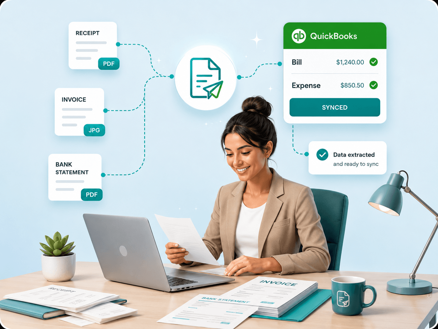 ScannerPilot workflow turning receipt, invoice, and bank statement files into synced QuickBooks entries