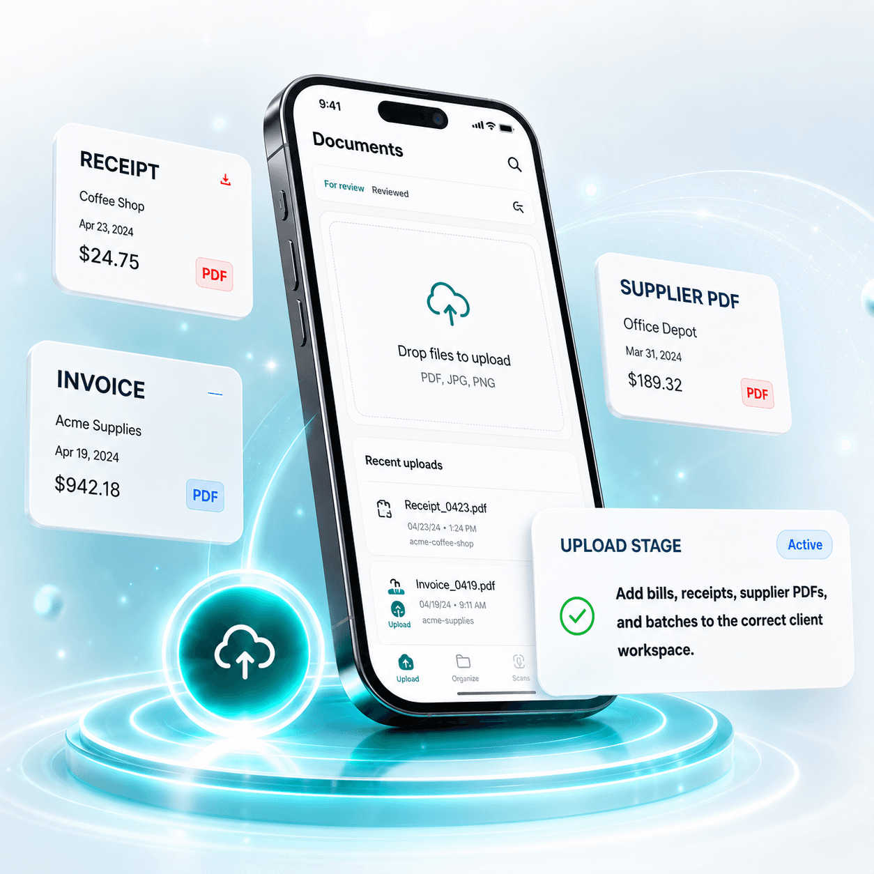 ScannerPilot upload stage with receipts, supplier PDFs, and document upload workflow