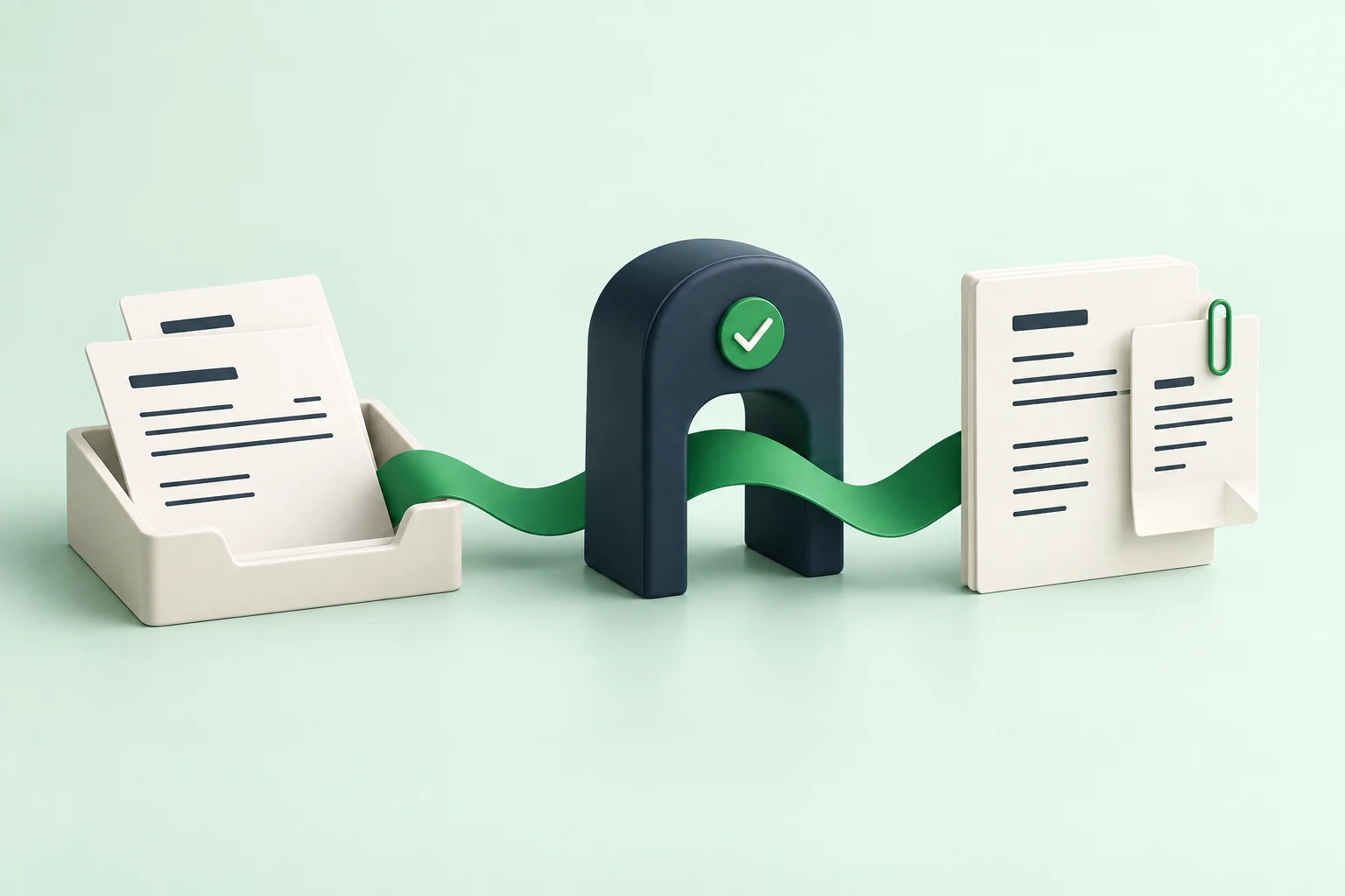 Editorial illustration of supplier documents moving from an intake tray through an approval gate to an accounting record with its source held by a paperclip.