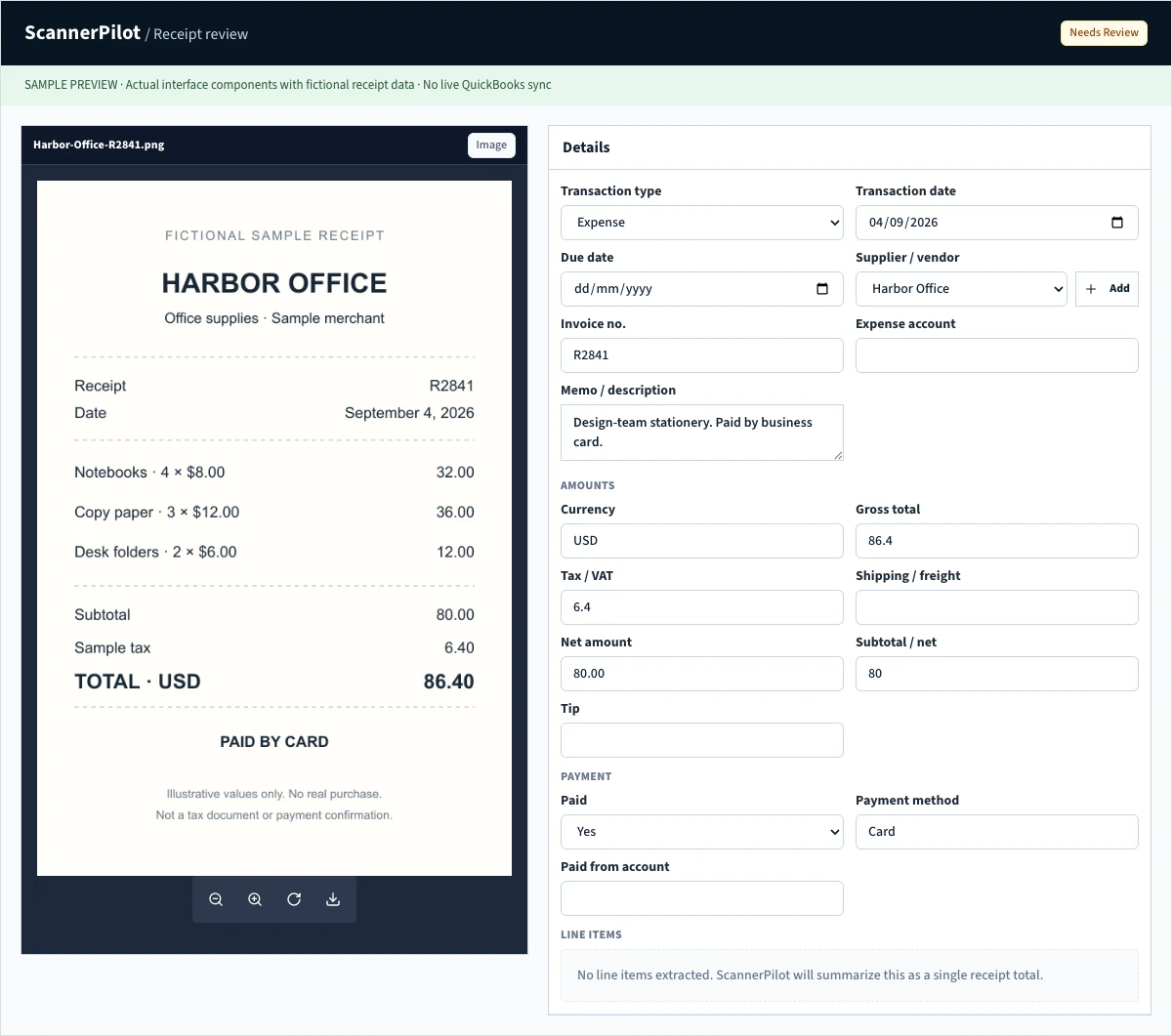 ScannerPilot receipt preview and Details form displaying the fictional Harbor Office receipt R2841, its $86.40 total, expense transaction type, and a business-purpose memo.