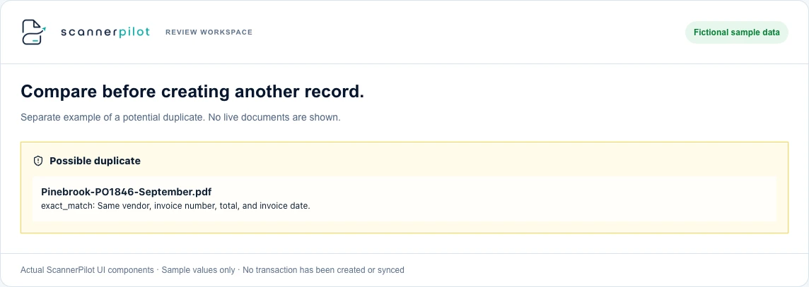 ScannerPilot duplicate-warning component showing fictional Pinebrook sample data with matching vendor, invoice number, total, and date.