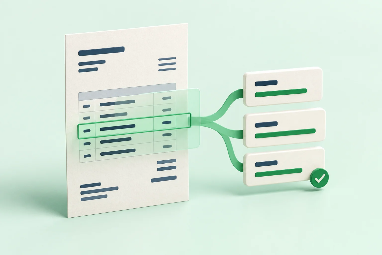 Editorial illustration of an invoice passing through a translucent scanning pane and becoming separate structured field cards.