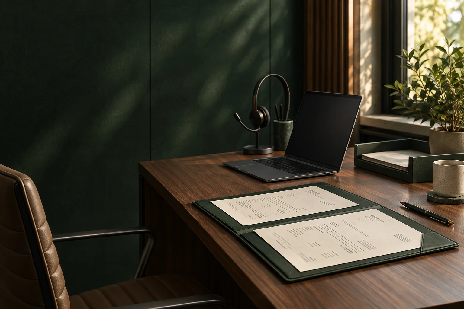 Illustrative sales-and-support office with a headset and supplier documents prepared for review; not 3Link Consulting LLC’s premises