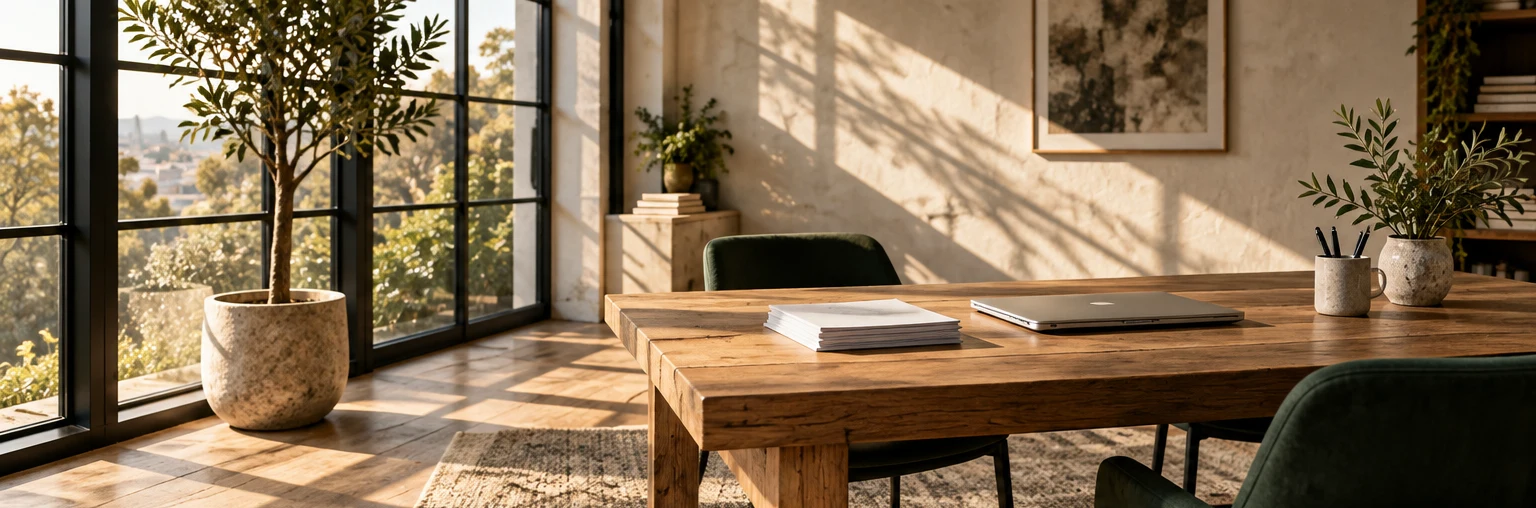 Illustrative sunlit bookkeeping workspace with an oak desk, documents and green chairs
