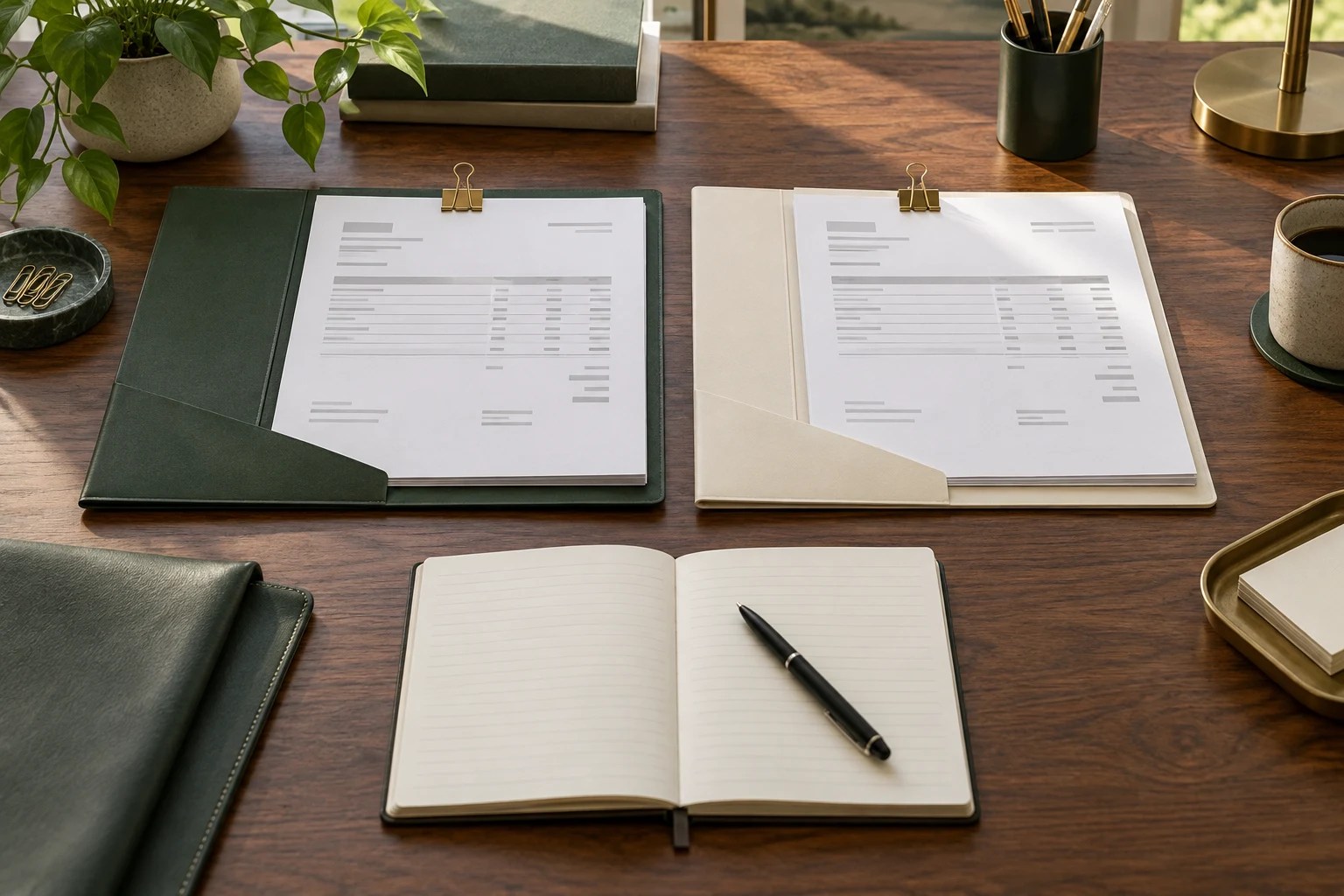 Illustrative desk arranged for comparing supplier documents and review notes.