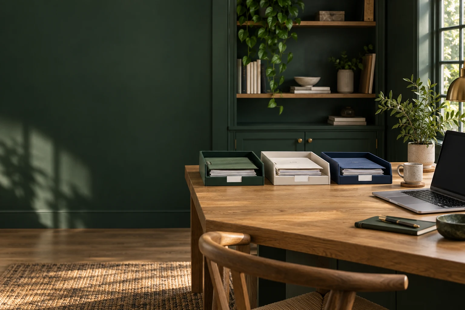 Illustrative bookkeeping studio with separate green, ivory and navy document trays; not Idea Mining LLC’s premises