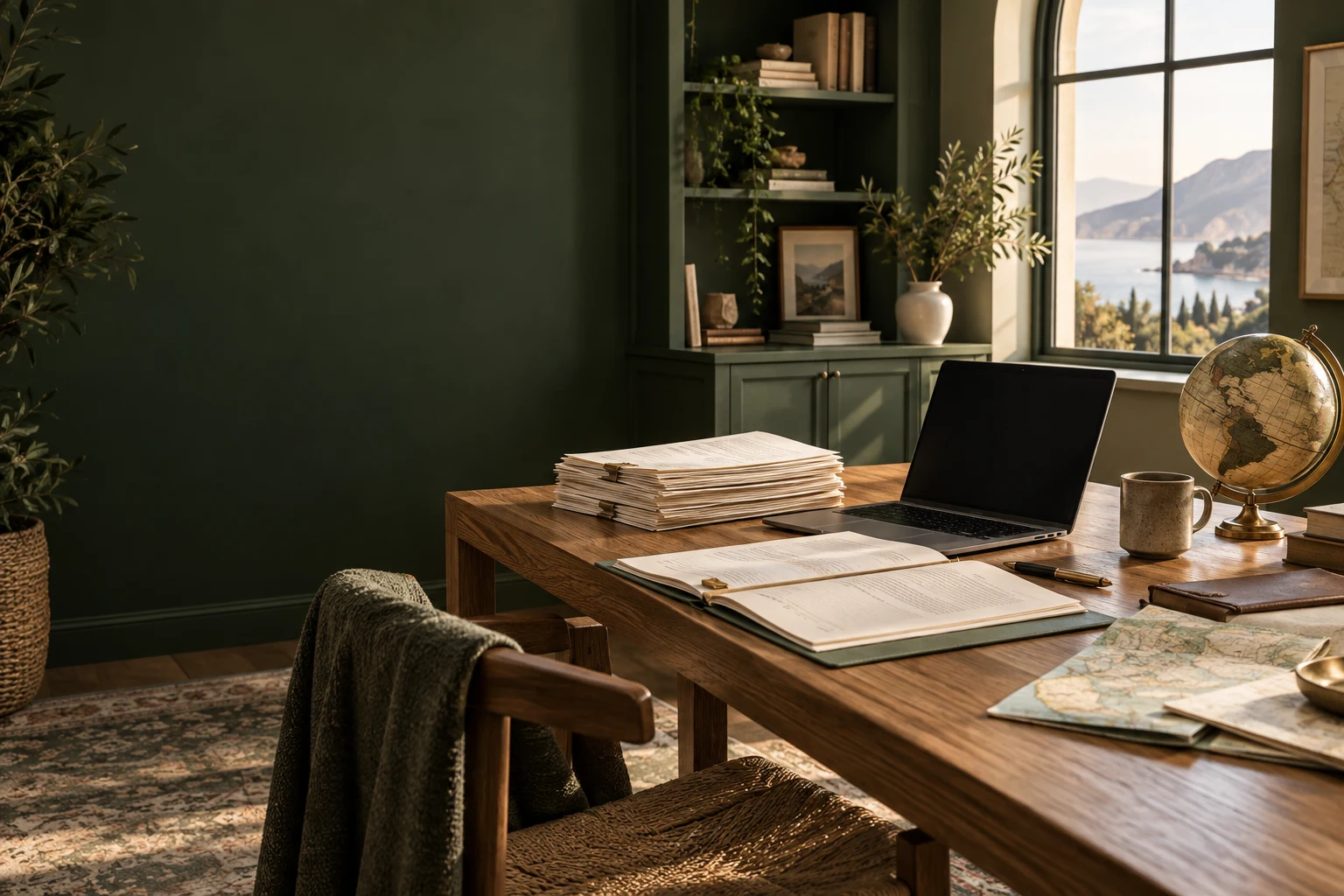 Illustrative travel-office workspace with supplier documents, a globe and itinerary maps; not Medow Times LLC’s premises
