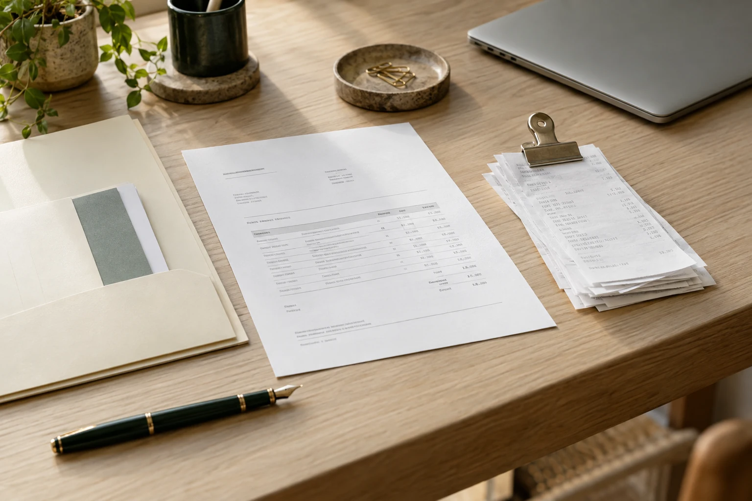 Supplier invoice and receipt stack arranged in a document folder