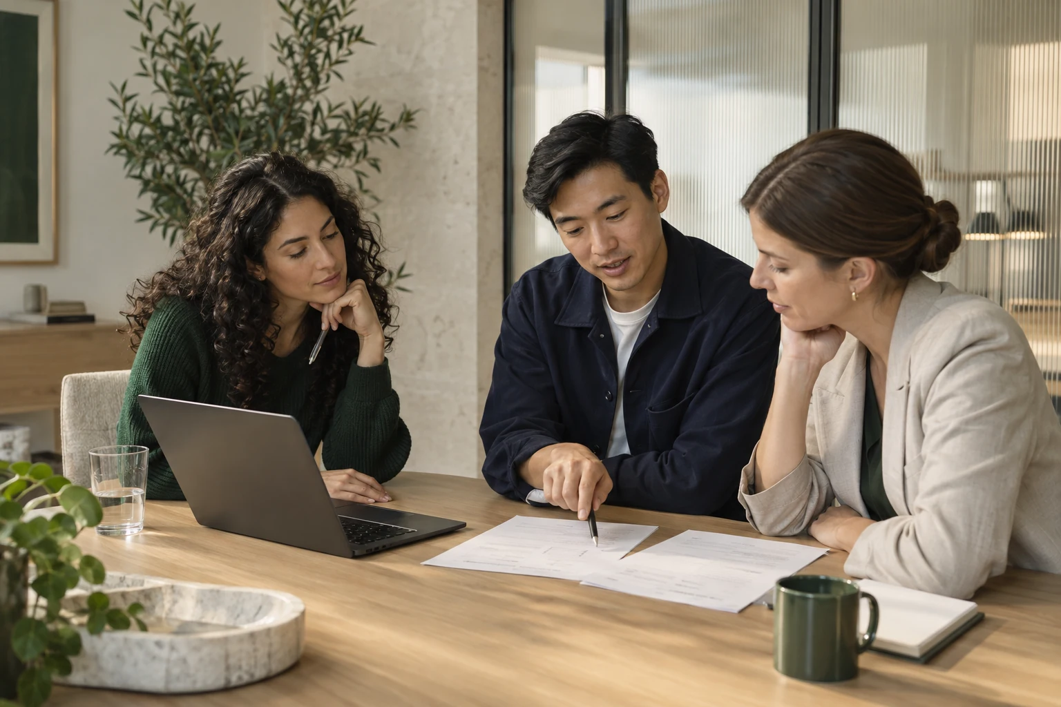 Accounting team reviewing documents together