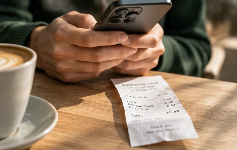 Illustrative business purchase with a paper receipt beside a phone.